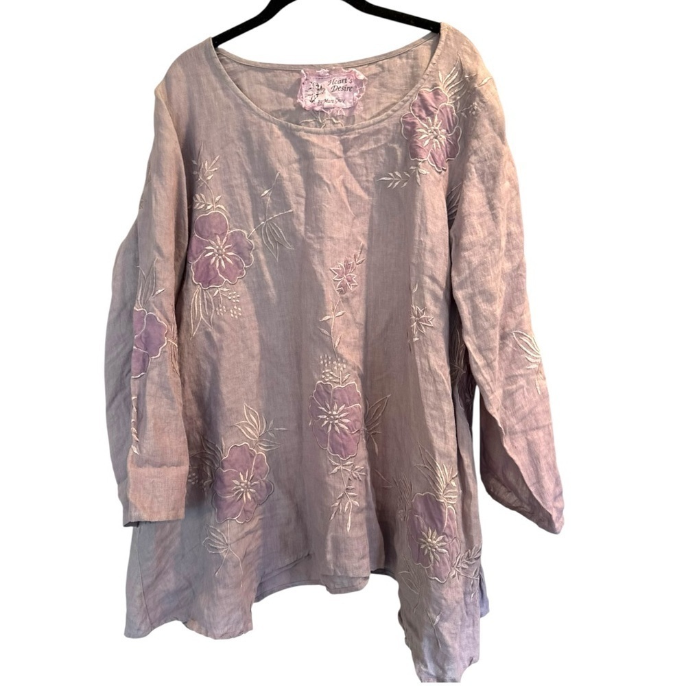 Hearts Desire Linen Tunic Lavender Embroidered Coastal Grandma Lagenlook Top L - Picture 7 of 14